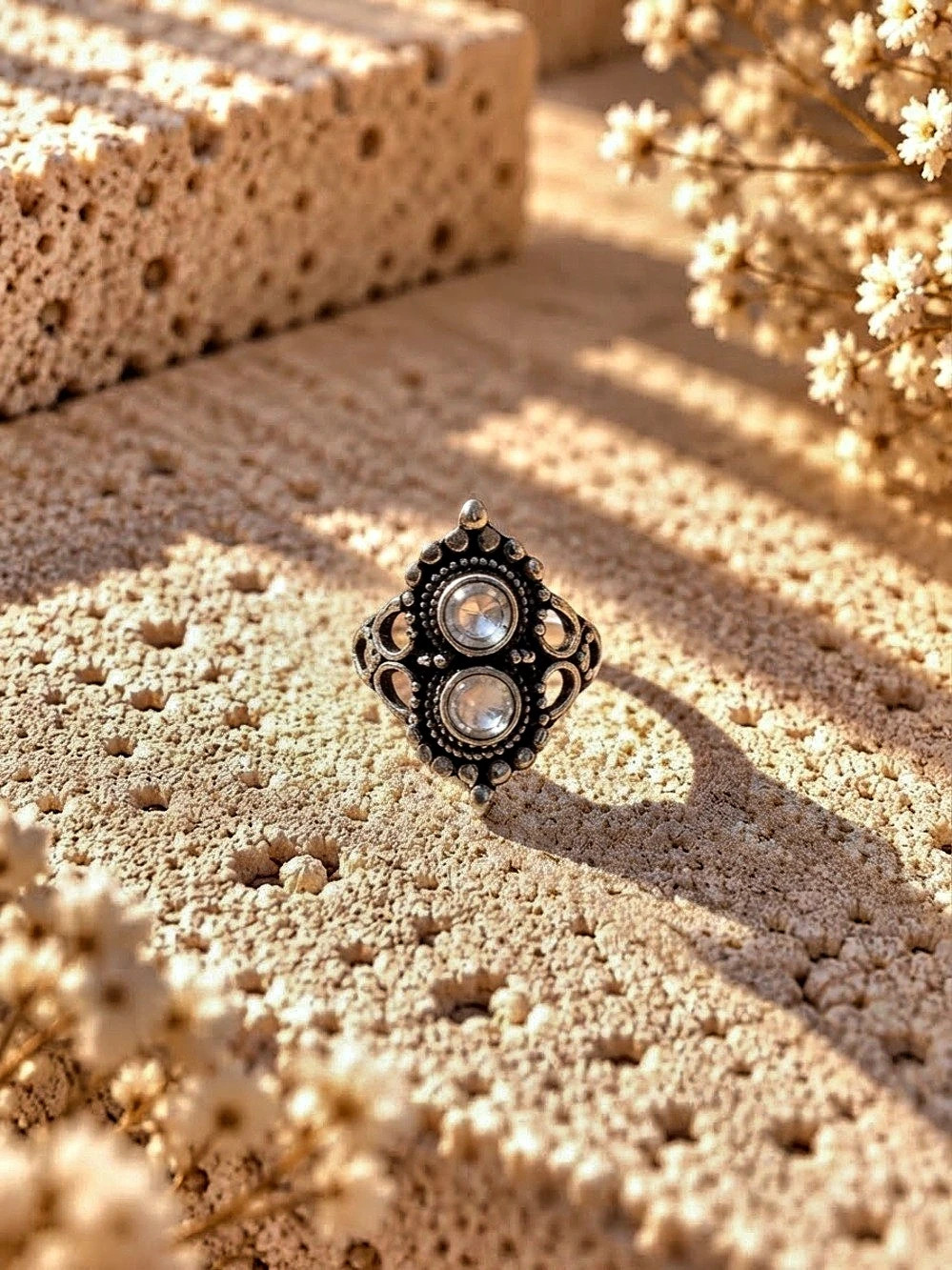 Ornate Statement Ring in Black & Silver tone